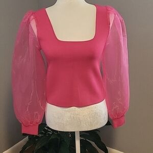 House of Harlow 1960 Sheer Puff Sleeve Ribbed Knit Crop Top - Size S